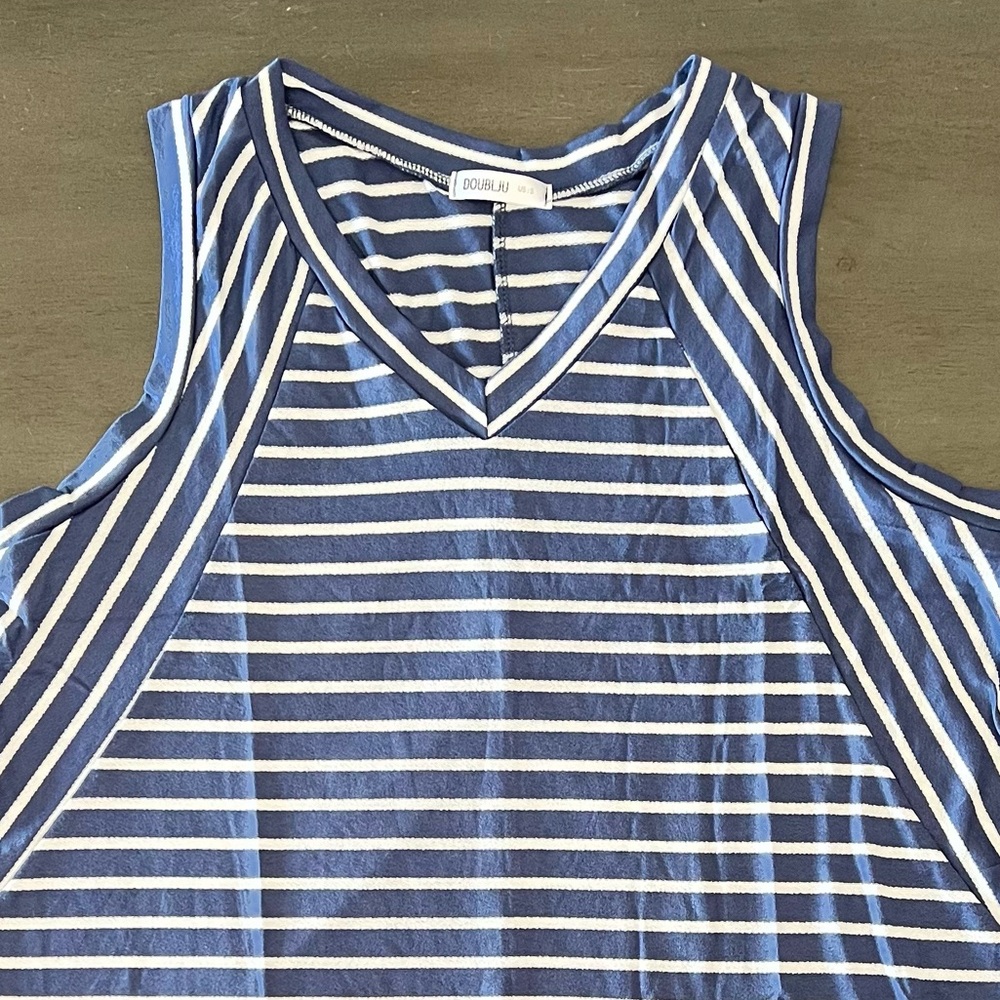 NEW Doublju Blue & White Striped V Neck Comfy Nautical Sleeveless T-Shirt S 2XL - Picture 4 of 6